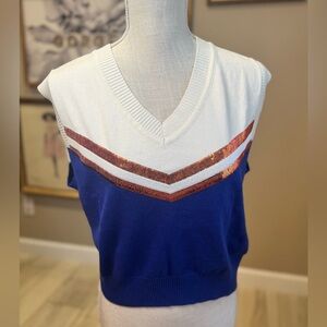 New! QUEEN OF SPARKLES Blue and Sequin Orange Sweater Vest